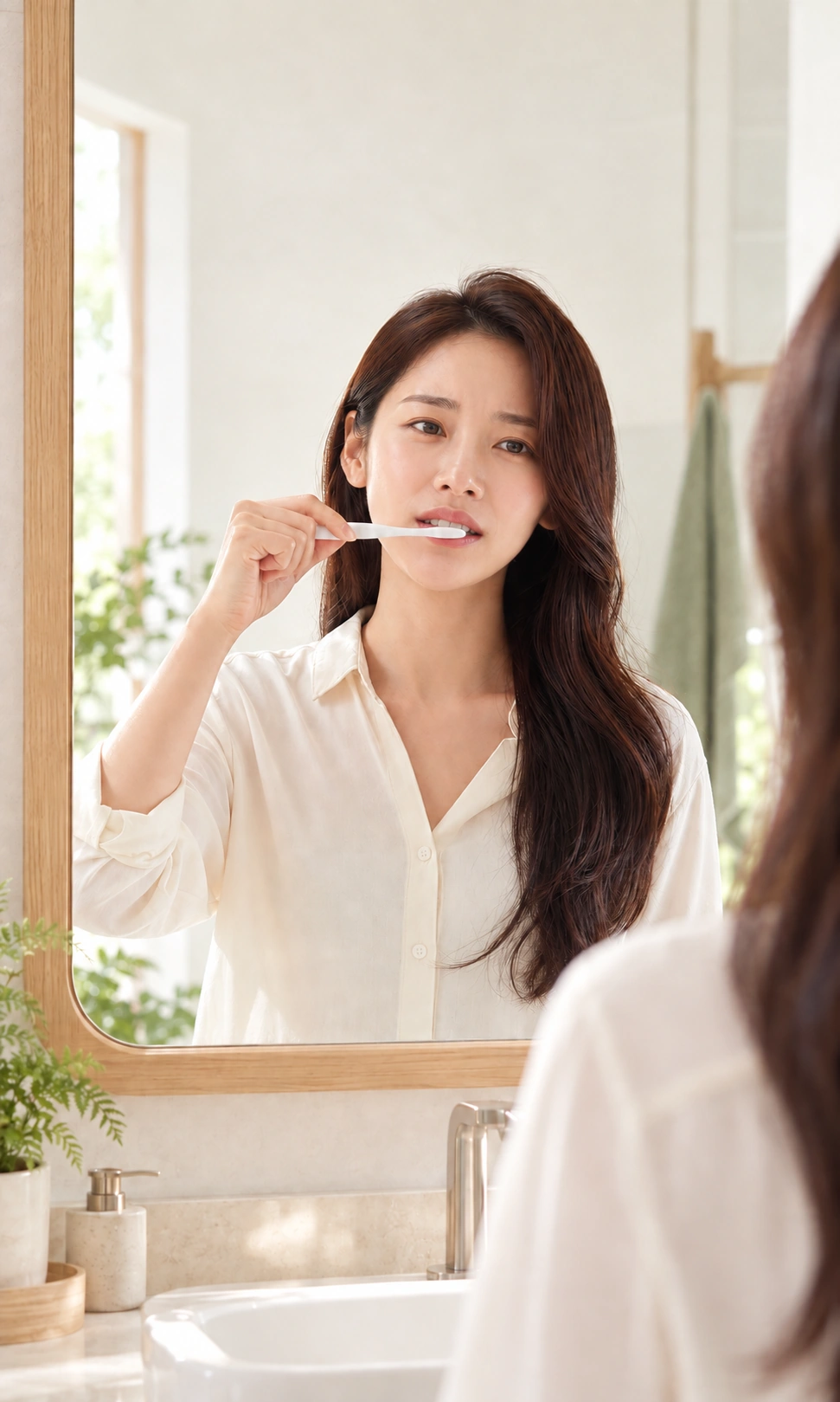밝은 욕실에서 고민스러운 표정으로 거울을 보며 양치하는 여성
