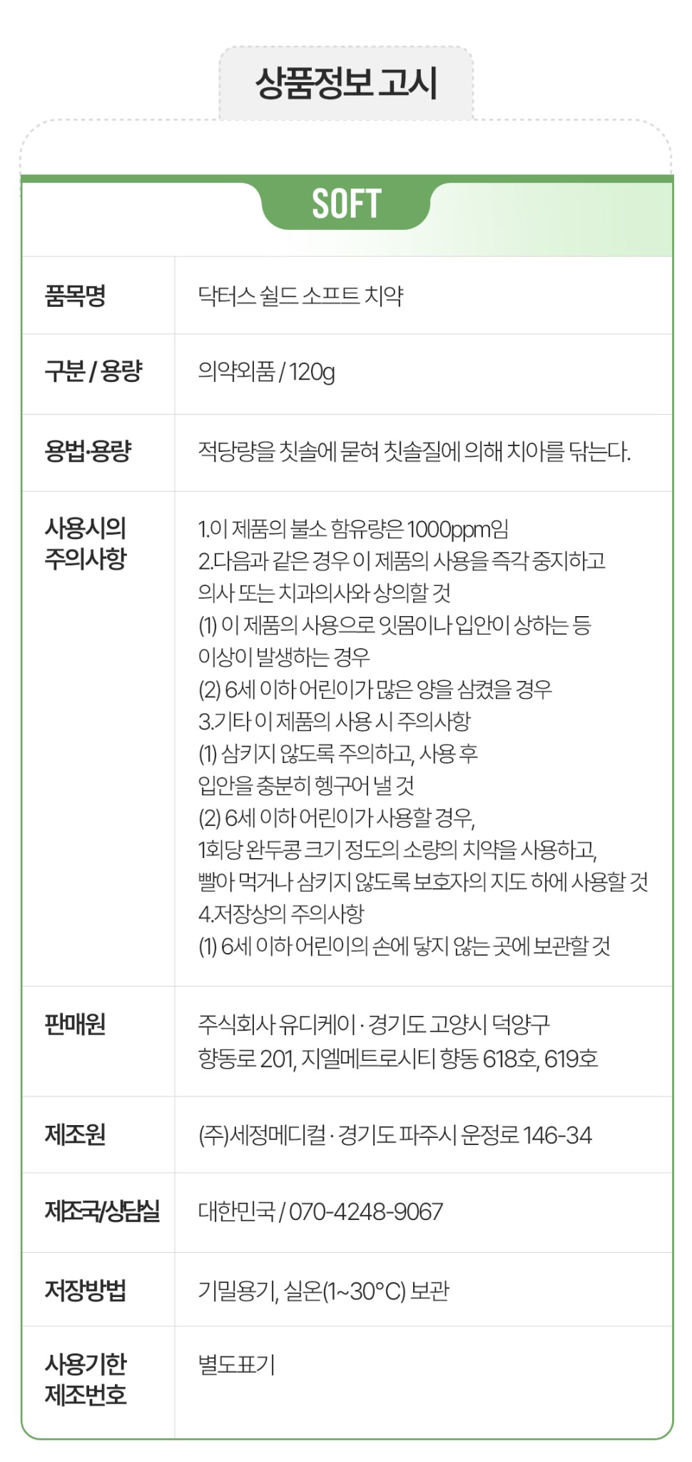 닥터스 쉴드 소프트의 상품정보 고시. 품명, 용량, 용법·용량, 사용상 주의사항, 판매원, 제조원, 제조국, 상담실, 저장방법, 사용기한 및 제조번호.